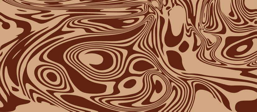 Chocolate pattern background. Abstract melting caramel cacao texture. Vector cream milk coffee swirl. Liquid choco peanut twirl bg. Psychedelic distorted trippy zebra lines. Marble design illustration