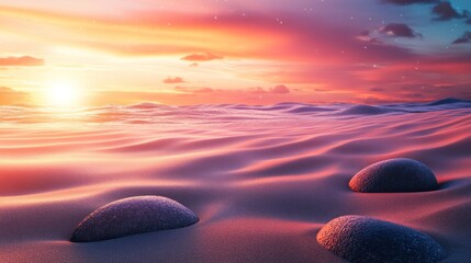 A panoramic view of a quantum sand landscape, where the grains seem to flow like water under a brilliant sunset