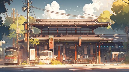 Naklejka premium Japanese village town. train station with shops, colorful anime style