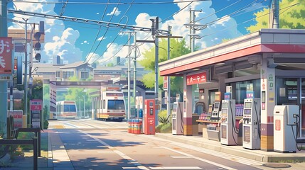 Naklejka premium Japanese village town. train station with shops, colorful anime style