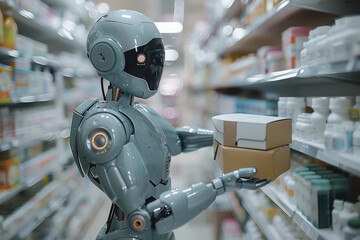 Fototapeta premium robot in action. robot in the drug store holding a box with drugs. robot works in the pharmacy store as a pharmacist. AI Generated