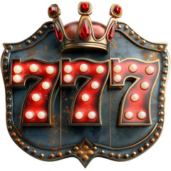 The Casino Logo Lucky red sevens and Jackpot 777, highlighted gleaming jewels, golden crown, and shining stars lights.