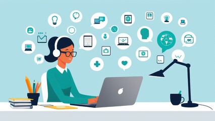 A customer support specialist wearing headphones works on a laptop, surrounded by icons representing various communication, healthcare, and technology tools. Perfect for illustrating remote customer s