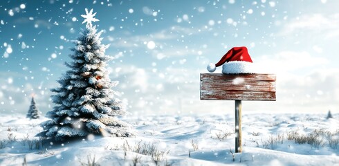 Un fond sur le thème de Noël un bonnet de Père Noël sur un panneau en bois rouge et un sapin en arrière-plan, sur fond de ciel bleu avec des flocons de neige.