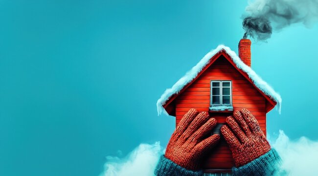 Une maison rouge avec de la fum&eacute;e sortant de la chemin&eacute;e, est envelopp&eacute;e dans des mitaines en laine tricot&eacute;es sur un fond isol&eacute; bleu. Concept d"&eacute;conomie d'&eacute;nergie.
