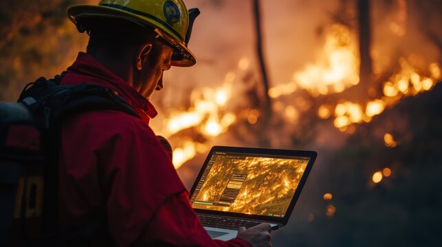 A fire unit chief commanding a wildfire management operation, using a laptop to direct firefighters in the field and track fire movement through advanced technology