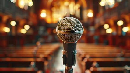 Slow motion microphone positioned at front of beautifully lit auditorium during an event