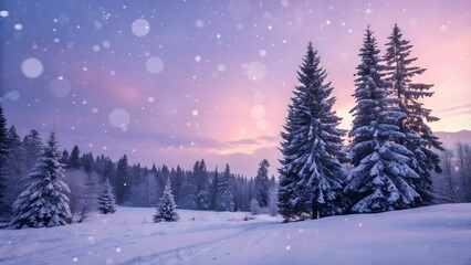 Naklejka premium A serene winter landscape of snow-covered pine trees under a twilight sky.