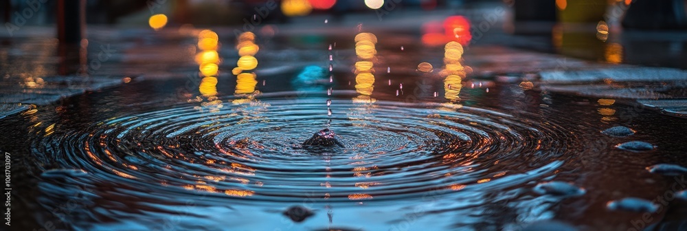 Poster water droplet creating ripples in a puddle with out-of-focus bokeh lights in the background.