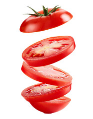 Fresh red tomato slices falling on transparent background