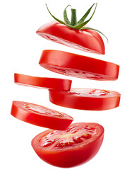 Fresh tomato slices falling on transparent background