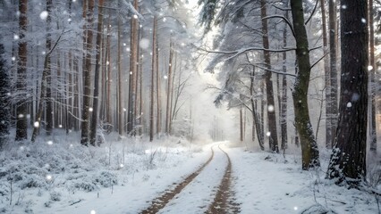 Naklejka premium A serene winter landscape of a forest path in fresh snow.