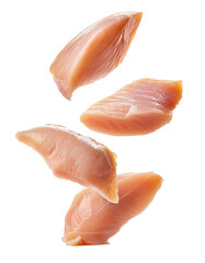 Fresh chicken fillet pieces falling on transparent background
