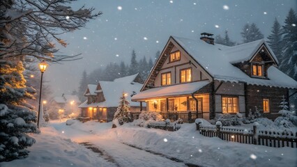 A cozy village in winter with cottages blanketed in snow, creates a warm and inviting atmosphere.