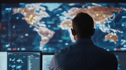 A freight management office with professionals overseeing global shipments, using digital tools and real-time tracking systems to coordinate international logistics