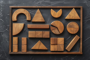 natural wooden math fractions on the pastel background. interesting math for kids. Education, back to school concept. Geometry and mathematics materials. AI Generated	