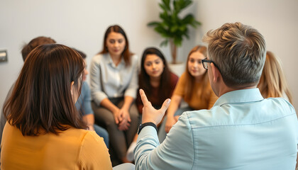 Fototapeta premium Counselor or coach giving help and support to patients, speaking on group therapy meeting, Diverse team of people gathering, sitting in circle, discussing addiction or psychological problems. Close 
