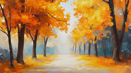 autumn impressionism oil painting landscape paint art. gold orange autumn tree park alley forest wood with blue sky highlighted by white, flat design, png