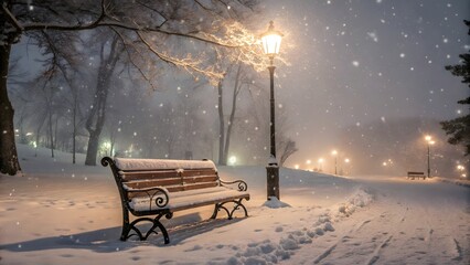 A wooden park bench covered in snow beneath a glowing streetlamp in a winter park.
