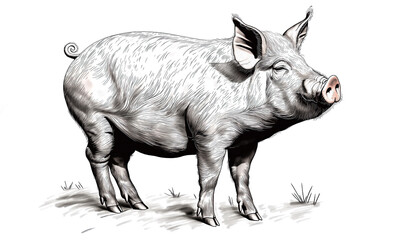 Fototapeta premium Pig, hog, boar. Vintage retro print, black white pig sketch ink pencil style drawing, linear drawing, engrave old school. Sketch artwork silhouette pig, hog, boar. Side view profile. Illustration