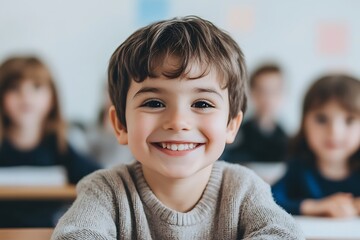Happy elementary school student smiling at his desk in a classroom with his classmates