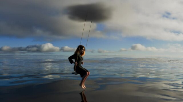 3d rendered animation of a young woman on swing suspended under a gray cloud and over a vast body of water.