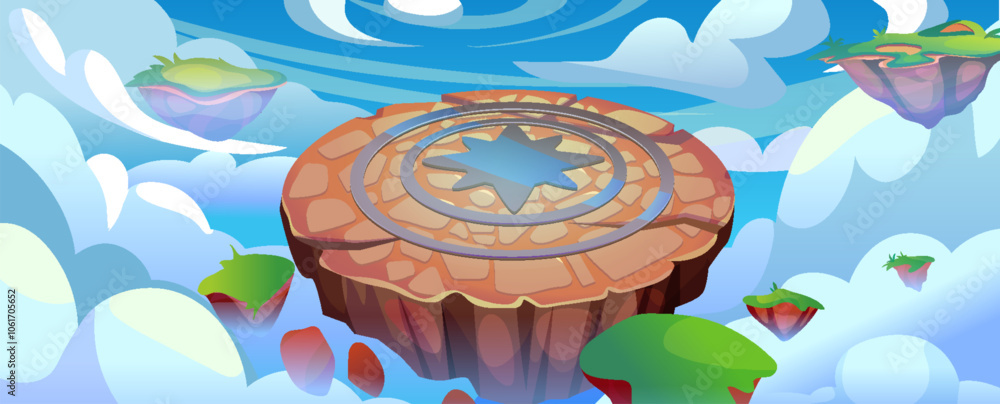 Poster cartoon floating game arena in sky with clouds ui background. flying land asset for battle and fight