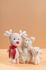 Soft toys on beige background concept of friends