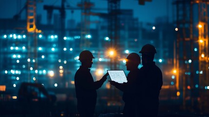 A group of engineers at a construction site at night, collaborating on project details while reviewing digital plans on tablets, illuminated by construction site lights