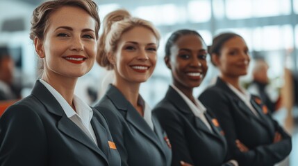 Obraz premium A group of flight attendants in their uniforms, standing in an airport terminal, ready for duty, showcasing the professionalism and teamwork of airline crew members