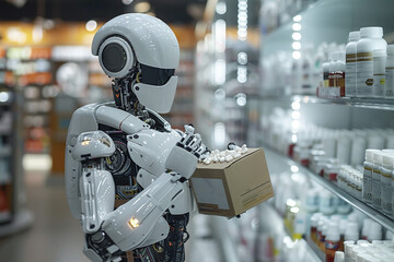 Fototapeta premium robot in action. robot in the drug store holding a box with drugs. robot works in the pharmacy store as a pharmacist. AI Generated