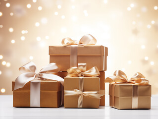 Golden gift boxes with bows in festive lighting display