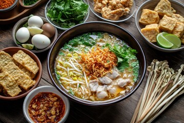 A bowl of soto, steaming with aromatic broth, topped with slices of boiled egg, crispy crackers, fried tempeh, a squeeze of lime, and a dollop of spicy chili sambal for an extra kick.