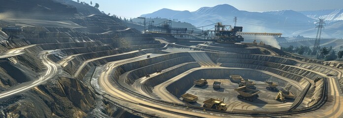A vast open-pit mine stretches across the landscape, with deep terraced layers carved into the earth. Heavy machinery and trucks move steadily, extracting minerals from rocky surfaces under a dusty 