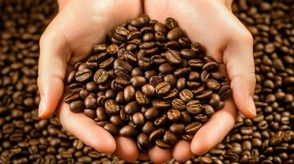 Hands holding a pile of coffee beans with the background blurred, creating a sense of aroma and warmth. Beans look freshly roasted and oily.