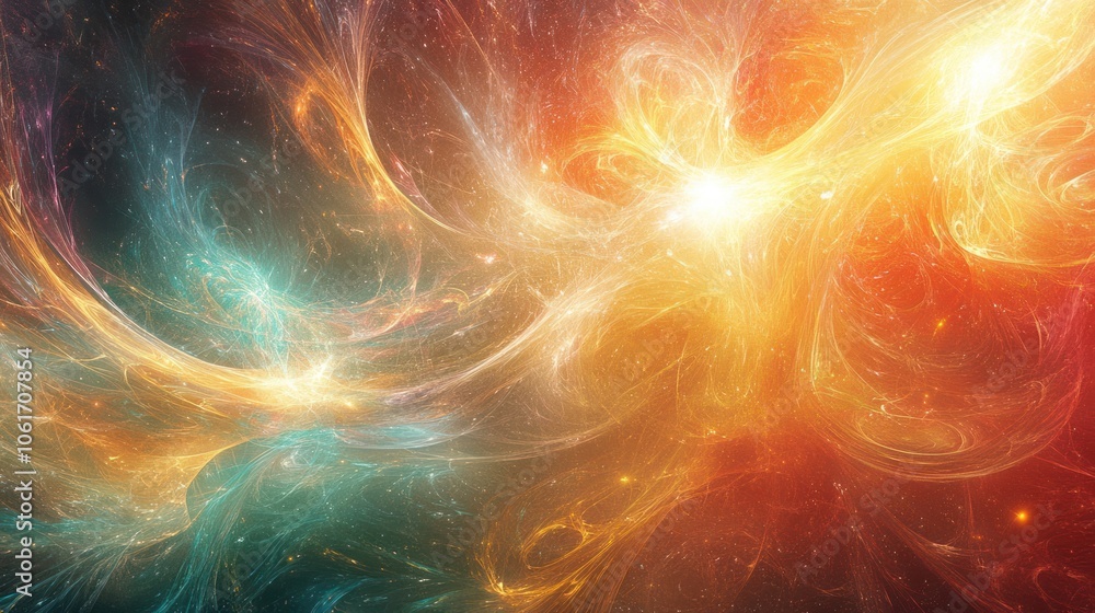 Poster an imaginative depiction of quantum entanglement, illustrated through intertwining strands of light 