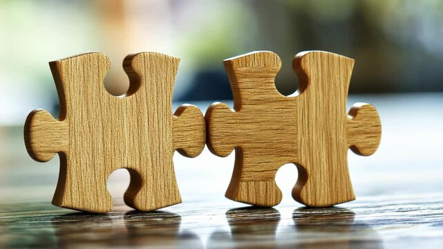 Two wooden puzzle pieces fit together on a wooden surface