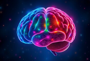 Illustration of a brain decorated with multi-colored RGB lights reveals complex circuitry. It represents technological advancements in AI and cognitive science.