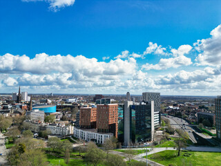 Obraz premium Aerial View of Downtown Buildings at Central Coventry City Centre of England United Kingdom. Drone's Camera Footage Was Captured During Bright Sunny Day From Medium High Altitude on March 30th, 2024