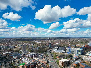 Aerial View of Downtown Buildings at Central Coventry City Centre of England United Kingdom. Drone's Camera Footage Was Captured During Bright Sunny Day From Medium High Altitude on March 30th, 2024