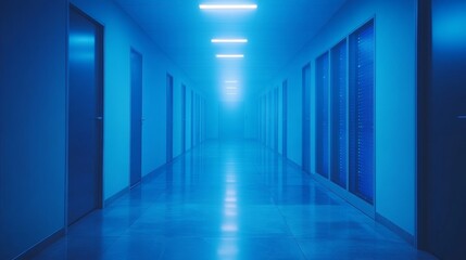 Fototapeta premium Empty Blue Hallway with Doors and Fluorescent Lights Futuristic Design