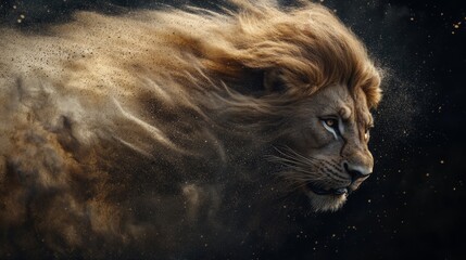 A lion in motion, with sand and dust swirling around its powerful form, set against a dramatic black background, emphasizing the raw energy of the wild