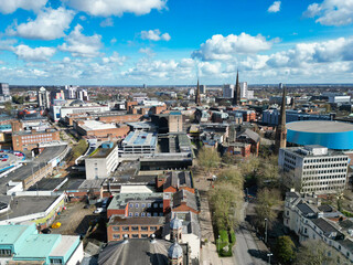 Aerial View of Downtown Buildings at Central Coventry City Centre of England United Kingdom. Drone's Camera Footage Was Captured During Bright Sunny Day From Medium High Altitude on March 30th, 2024