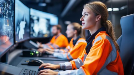 A logistics team coordinating international freight shipments from a control center, using real-time tracking software and communication tools for efficient freight forwarding
