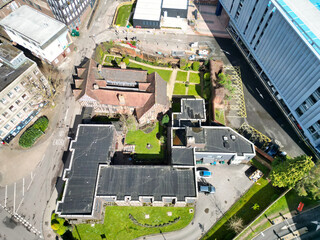 Aerial View of Downtown Buildings at Central Coventry City Centre of England United Kingdom. Drone's Camera Footage Was Captured During Bright Sunny Day From Medium High Altitude on March 30th, 2024