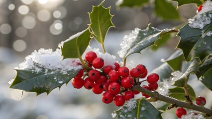 A close-up of a bright red holly berry cluster, surrounded by snow-dusted green leaves.