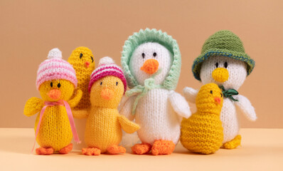 Family of cute ducks soft handmade toys on beige background