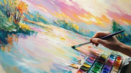 Fototapeta premium A painting hobby setup with an artist working on a canvas, using vibrant colors to create a landscape, with brushes and paint tubes scattered around
