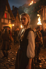Obraz premium Cinematic photograph of a young woman in medieval dress, standing in a village square with wooden houses and people around her, Generative AI