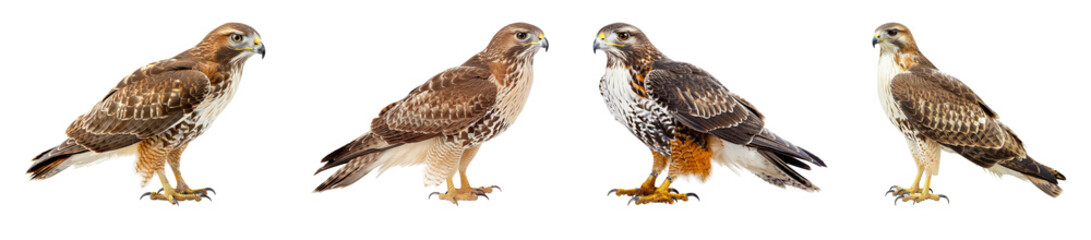 Obraz premium Birds of prey from different angles isolated on a transparent background in PNG format. A set of close-up images of hawks on a transparent background.